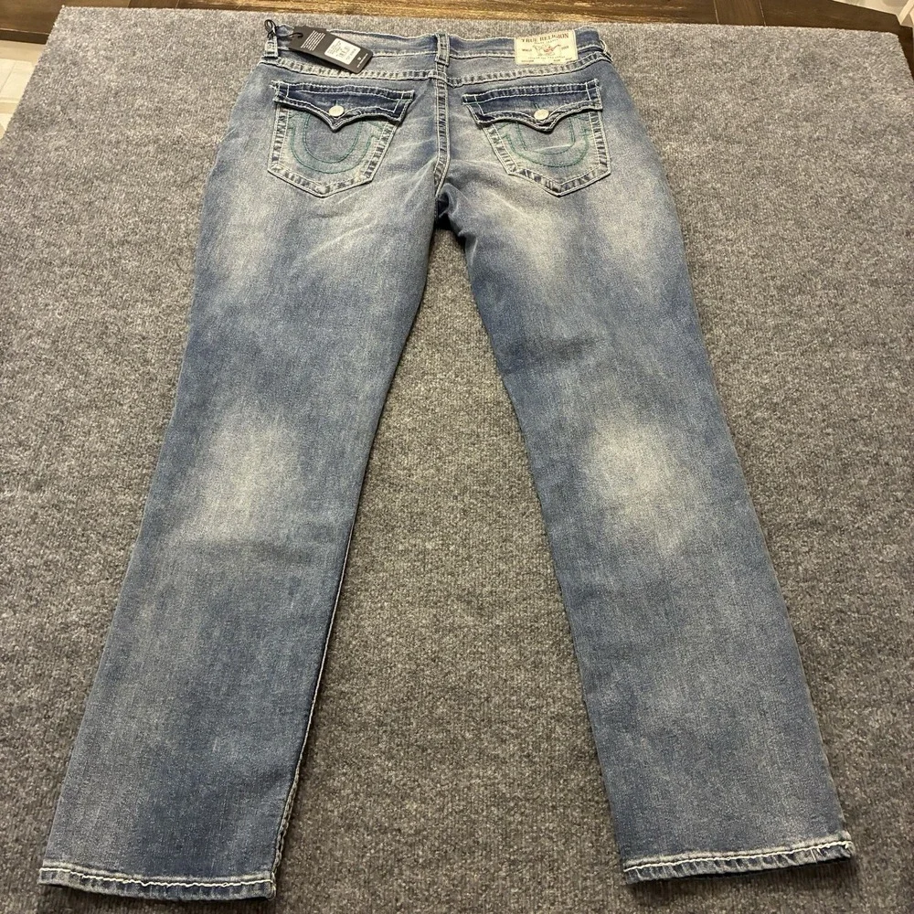 True Religion Big T Flap Faded Straight Leg Jeans Mens 36x32 Thick Stitch Denim